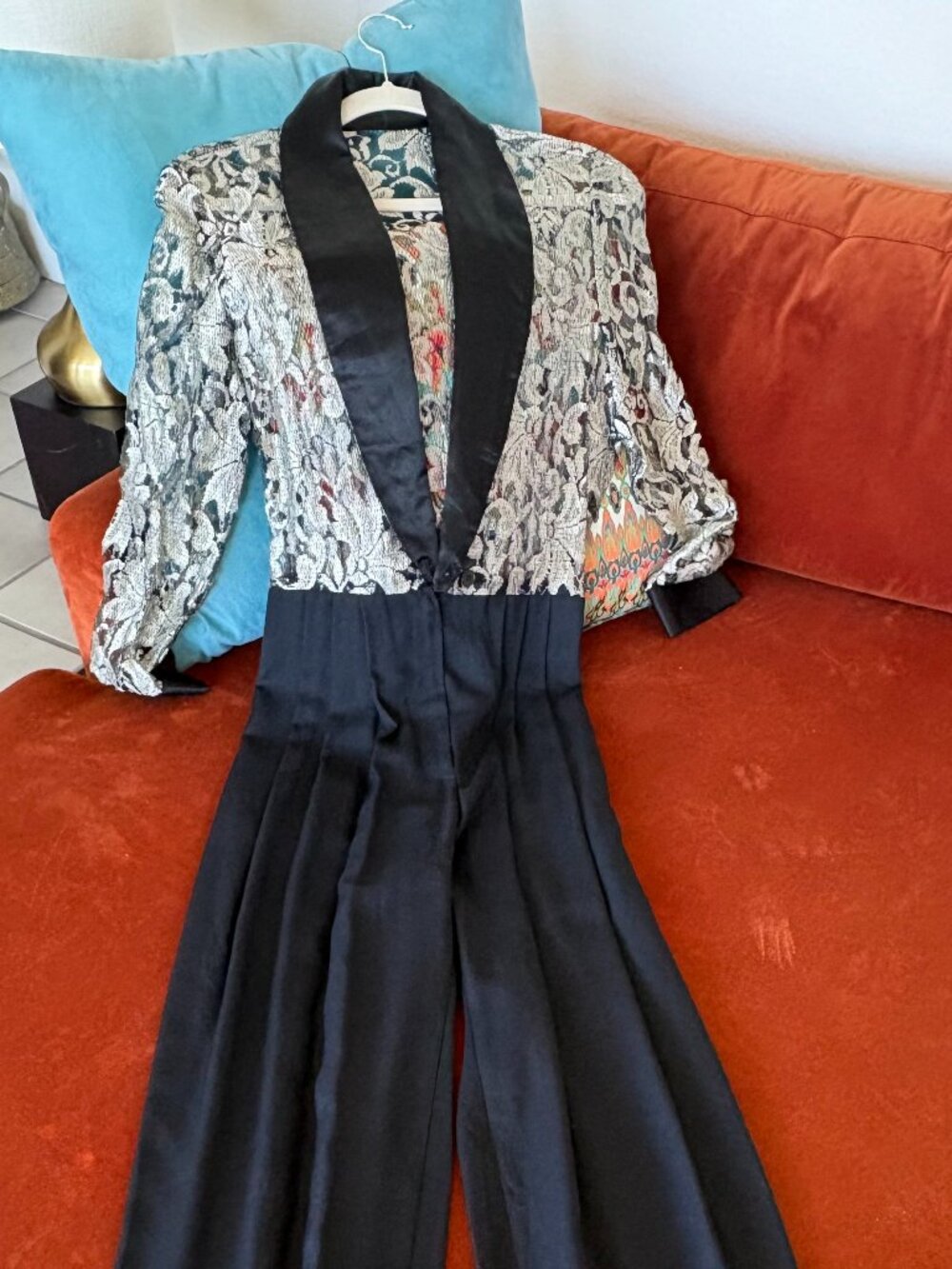 Vintage 80s Black Silver Metallic Lace Wide Leg Jumpsuit - Picture 3 of 3